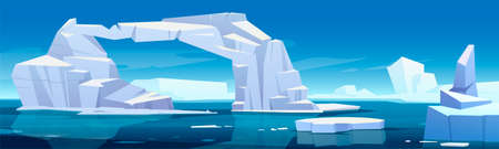 Arctic landscape with melting iceberg and glaciers floating in sea. Concept of global warning and climate change. Vector cartoon illustration of polar or antarctic ice in blue ocean waterのイラスト素材