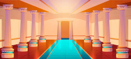 Greek temple, roman architecture, castle corridor with columns and arch entrance. Palace hall with pillars, ancient building design, empty ball room or theater interior. Cartoon vector illustrationのイラスト素材
