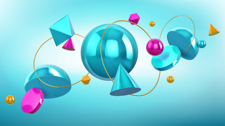 Holographic background with 3d geometric shapes, spheres and golden rings. Vector abstract design with turquoise and blue render figures, cone, ball, octahedron and hemisphere on blue backgroundのイラスト素材