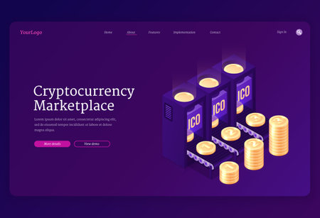 Cryptocurrency marketplace banner. Concept of online crypto currency exchange or transaction with blockchain and digital money. Vector landing page with isometric stacks of coins in web marketのイラスト素材