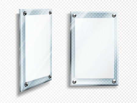 Acrylic poster, blank glass frame hang on wall isolated on transparent background. Empty photo frame template, rectangular name plate, plexiglass banner, holder mockup Realistic 3d vector illustrationのイラスト素材