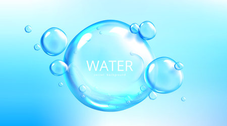 Water background, air bubble spheres on blue aqua backdrop. Template for advertising, Save planet resources and ecology protection concept with liquid balls or drops, Realistic 3d vector illustrationのイラスト素材