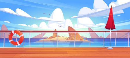 Seascape view from cruise ship deck. Ocean landscape with island, rocks in water and seagulls. Vector cartoon illustration of wooden boat deck or quay with railing, lifebuoy and umbrellaのイラスト素材