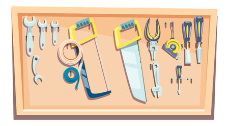 Set of tools for a carpenter, a stand with a set for woodworking fixed on it cartoon vector illustrationのイラスト素材
