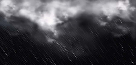 White clouds, rain and fog in sky. Vector realistic illustration of cold storm weather with rainfall and wind. Fluffy clouds and downpour, falling water drops isolated on transparent backgroundのイラスト素材