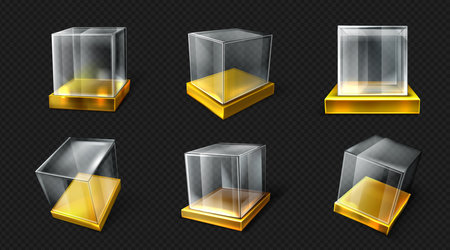 Plastic or glass cube on gold base various angle view. Clear square box, crystal block, aquarium or exhibit podium, Glossy geometric object isolated on transparent background, Realistic 3d vector setのイラスト素材