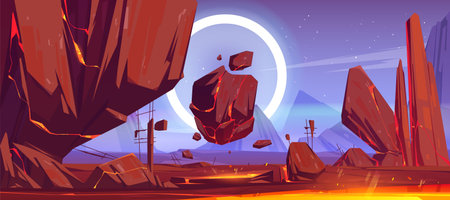 Alien planet landscape with mountains, flying rocks and red lava in cracks. Vector cartoon fantasy...