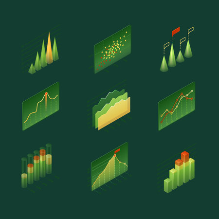 Isometric infographics charts and diagrams, 3d data analysis columns, infographic vector elements, financial information datum statistic. Template for business presentation, report or web site designのイラスト素材