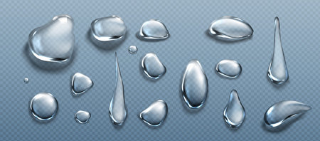 Water drops, clear dews of different shapes, dripping and lying hydration liquid pure droplets, scatter aqua bubbles, glass balls, spheres isolated on transparent background, Realistic 3d vector setのイラスト素材