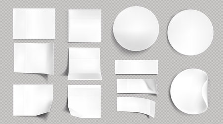 White paper stickers, blank square, round and rectangle sticky notes. Vector realistic set of empty labels with bent and folded corners, adhesive tags isolated on transparent backgroundのイラスト素材