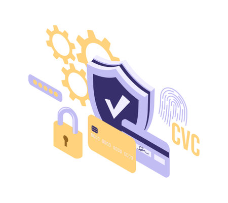 Shield lock and credit card isometric icon isolated vector illustration, protection and safety online payment symbolのイラスト素材