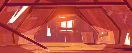 Abandoned house attic interior, empty old mansard room, spacious place with holes and spider web on...