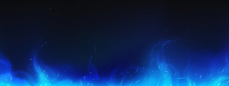 Realistic blue fire or smog border, burning flame with sparkles, bonfire blaze glowing effect, shining magic flare or smoke tongues frame design isolated on black background, .3d vector illustrationのイラスト素材