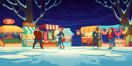 People on Christmas fair with market stalls with candies, santa hats, cakes and gingerbreads. Vector cartoon winter landscape with traditional holiday marketplace with garland lights at eveningのイラスト素材
