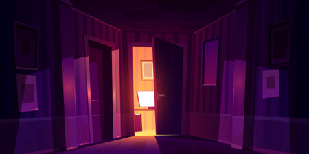 Night home corridor with slightly ajar door to room with computer and light falling on wooden floor. Working cabinet, student or freelancer workplace, empty house interior Cartoon vector illustrationのイラスト素材