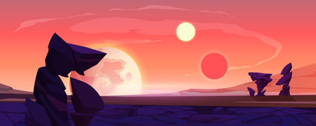Alien planet landscape, dusk or dawn desert surface with mountains, rocks, satellite and two suns shining on orange sky. Space extraterrestrial computer game background, cartoon vector illustrationのイラスト素材