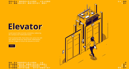 Elevator banner. Modern passenger transportation inside house or office building. Vector landing page of elevator with isometric illustration of woman waiting lift at sliding doorsのイラスト素材