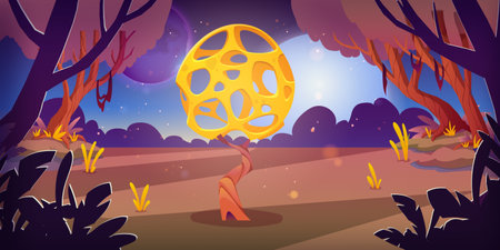 Unusual mushroom in forest swamp on alien planet. Vector cartoon fantasy illustration of fantastic yellow tree with holes. Fairy tale game background about alien magic woodsのイラスト素材