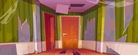 Corridor interior of old abandoned house with closed doors to rooms, broken floor and ceiling. Vector cartoon illustration of empty home hallway with mess, torn green wallpapers and spiderwebのイラスト素材