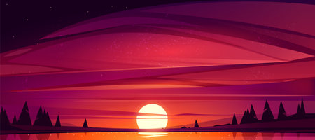 Sunset on lake, red sky with sun going down the pond surrounded with trees. Beautiful nature scenic landscape background, evening heaven view with shining Sol above water. Cartoon vector illustrationのイラスト素材