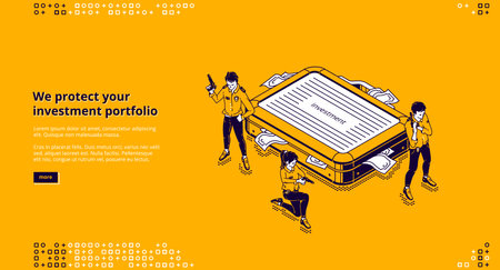 Investment portfolio protection isometric landing page, Financial insurance, tiny security guards protect huge case with money bills, secure invest, deposit savings. 3d vector line art web bannerのイラスト素材