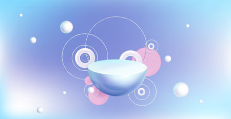 Abstract background with 3d geometric shapes on blue backdrop, pearls, hemisphere, pink and white cylinders or circles with silver rings, Realistic vector banner for presentation or ads promotionのイラスト素材