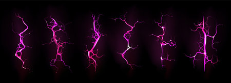 Lightning, electric thunderbolt strike during night storm, impact, crack, magical energy flash of pink color. Powerful electrical discharge isolated on black background, Realistic 3d vector bolts setのイラスト素材