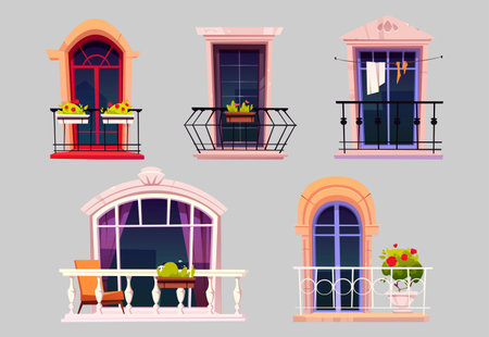 Vintage balconies with glass doors, windows, flowers in pots and fences. Vector cartoon set of balconies with metal railing and white balustrade, chair and plants on terrace. House facade elementsのイラスト素材