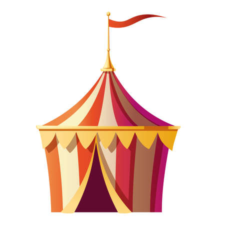 Circus tent with red and white stripes on carnival funfair, amusement park. Vector cartoon icon of small marquee, festival kiosk with flag on top and open entrance isolated on white backgroundのイラスト素材