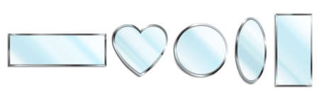 Mirrors in chrome frame in shape of circle, oval, heart and rectangle isolated on white background. Vector realistic set of glossy glass mirrors with metal border. Modern decoration for bathroomのイラスト素材