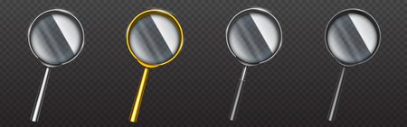 Magnifying glass in gold or silver rim and handle. Science tool with transparent lens, magnify instrument isolated on black background. Optical device for research, exploration realistic 3d vector setのイラスト素材