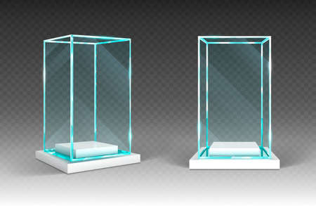 Glass showcase, display, exhibit stand, transparent box front and angle view on wood or plastic base. Crystal block, exhibition or award podium, glossy isolated object Realistic 3d vector illustrationのイラスト素材