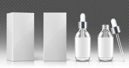 Glass dropper bottle for cosmetic oil or serum and white package box in front and angle view. Vector realistic mockup of empty flask with pipette and silver cap for medical drops or skincare productのイラスト素材