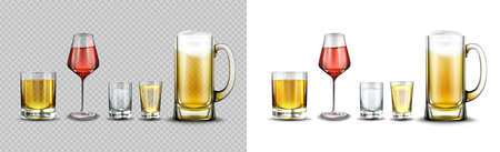 Glasses with alcohol drinks, beer with foam in mug, red wine, vodka, cognac and whiskey in shots. Vector realistic set of clear glassware with beverages isolated on white and transparent backgroundsのイラスト素材