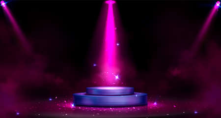 Round podium with spotlight illumination, smoke and sparks. Empty stage for award ceremony, product presentation, fashion show performance pedestal with pink beams, Realistic 3d vector illustrationのイラスト素材