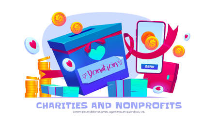 Charity and nonprofit organization cartoon banner. Donation box, smartphone, coins and money bills with purse and ribbon. Donate, volunteering help and foundation aid, philanthropy vector conceptのイラスト素材