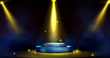 Round podium, empty stage illuminated by spotlights. Vector realistic mockup of circular platform, blue pedestal, yellow projector beams, smoke and shiny golden confetti on black background.のイラスト素材