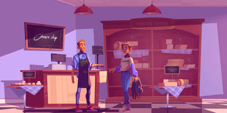 Woman visit cheese shop, seller give bag with products to customer in store interior with varieties of production on shelves, degustation desk, cashier and chalk signboard, Cartoon illustrationのイラスト素材