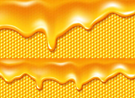 Honey dripping at bee honeycombs background, realistic drops texture, liquid yellow syrup splashes, glossy drip with falling droplets. Abstract backdrop or pattern, 3d vector illustration, wallpaperのイラスト素材