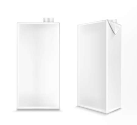 White carton box for milk or juice in front and angle view. Vector realistic 3d mockup of blank cardboard package for liquid dairy products and drinks isolated on white backgroundのイラスト素材
