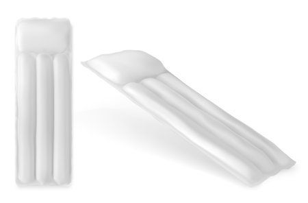 Inflatable water mattress for pool top and angle view, rubber accessories mockup, blank bed for swimming and summertime beach activity isolated on white background, Realistic 3d vector illustrationのイラスト素材