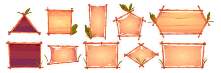 Bamboo frames with old parchment, wooden planks background and palm leaves. Different shapes hawaiian or polynesian style borders for hut bar, cartoon signboards, empty vector banners or posters setのイラスト素材