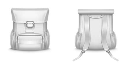 White backpack, school or travel rucksack in front and back view. Vector realistic mockup of blank leather or cloth backbag, women fashion accessory isolated on white backgroundのイラスト素材