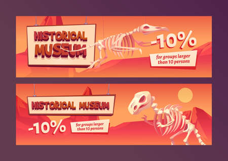 Historical museum promo banner with tyrannosaurus rex dinosaur skeleton. Ten percent discount off for large groups visit. Educational program, prehistory studying, Cartoon vector illustration, flyerのイラスト素材