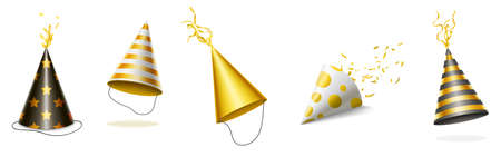 Party hats with gold and black stripes, dots and stars for birthday celebration. Vector realistic set of funny cone head caps with golden ribbons for holidays and festive isolated on white backgroundのイラスト素材