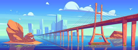 Modern city skyline view with low-water bridge, metropolis cityscape with skyscraper buildings...