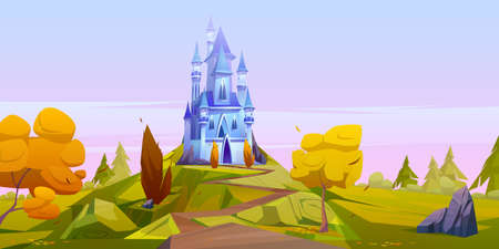 Magic blue castle on green hill with yellow trees. Vector cartoon autumn landscape with road leading to royal palace with towers on meadow in fairytale kingdomのイラスト素材