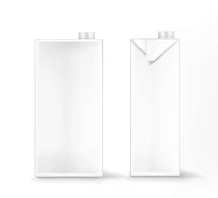 Milk or juice package mockup, white carton box, blank pack with screw lid front and side view. Container for liquid production, isolated packing object, Realistic 3d vector illustration, mock upのイラスト素材