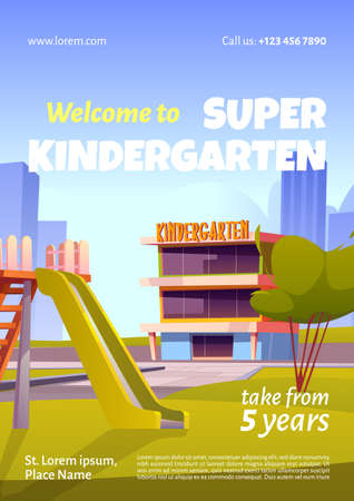 Welcome to kindergarten ad poster, invitation for kids to educational playschool. Nursery school building facade with playground. Day care center for children studying, Cartoon vector promo flyerのイラスト素材