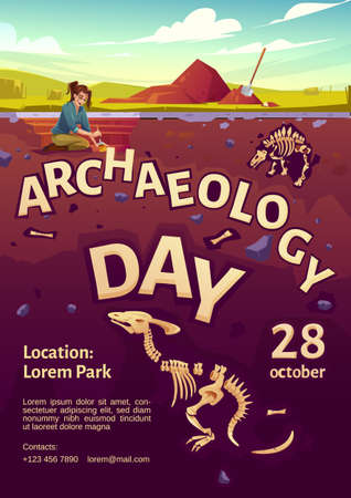 Archaeology day poster with woman explorer on excavation site and buried dinosaurs underground. Vector flyer with cartoon illustration of archeology dig, explorer with brush and fossil skeletonsのイラスト素材